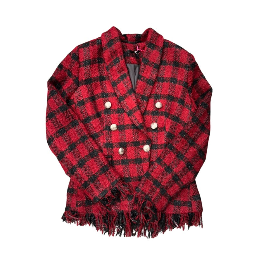 Red and black plaid scarf with white buttons on a white background