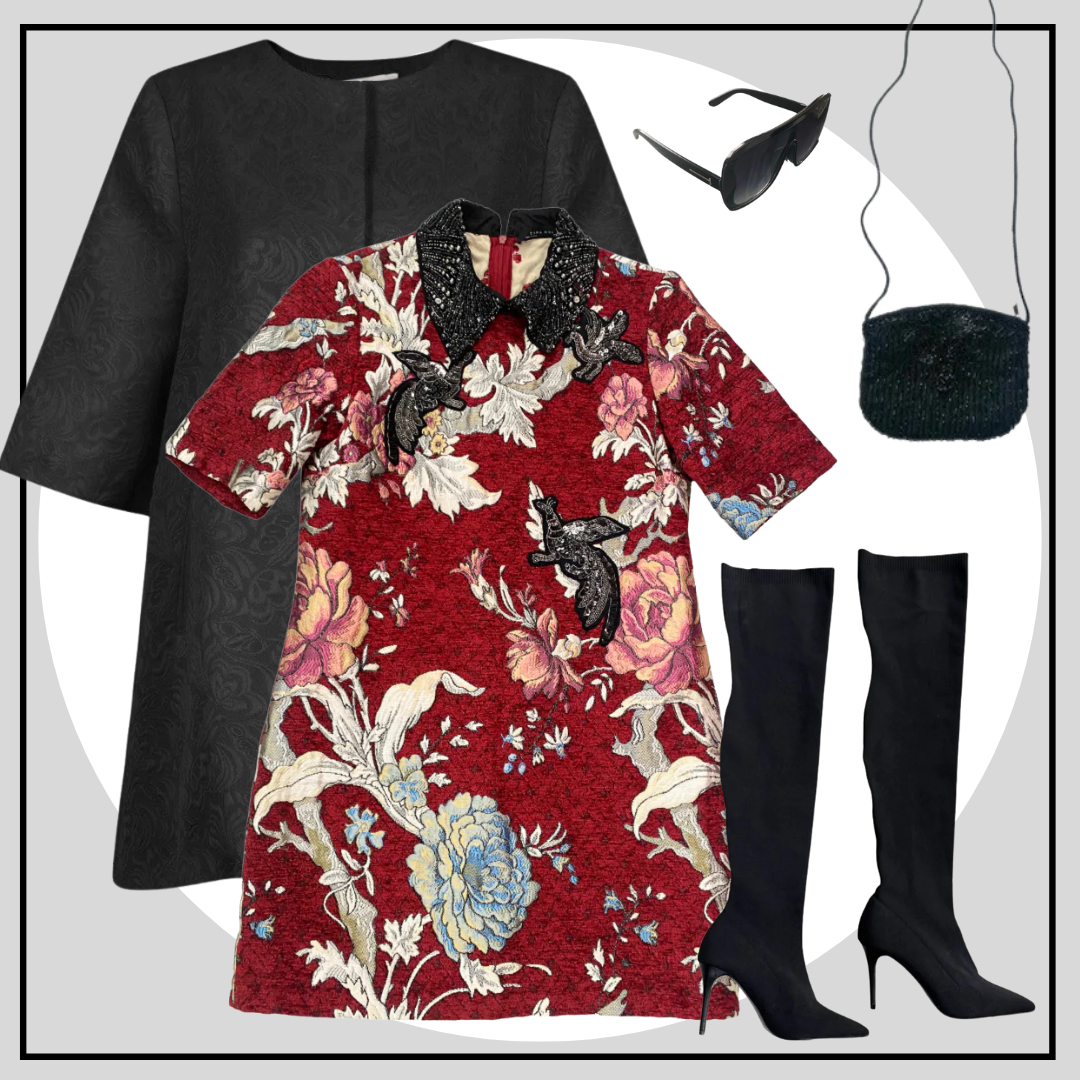 Red floral dress with black collar, black coat, black knee-high boots, and black handbag on a white background.