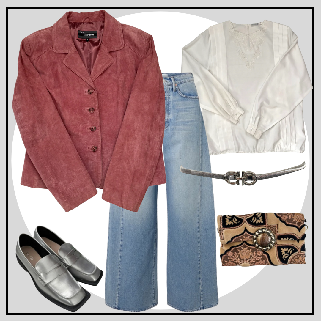 Collage of a pink jacket, white blouse, blue jeans, silver loafers, and patterned clutch on a light gray background.