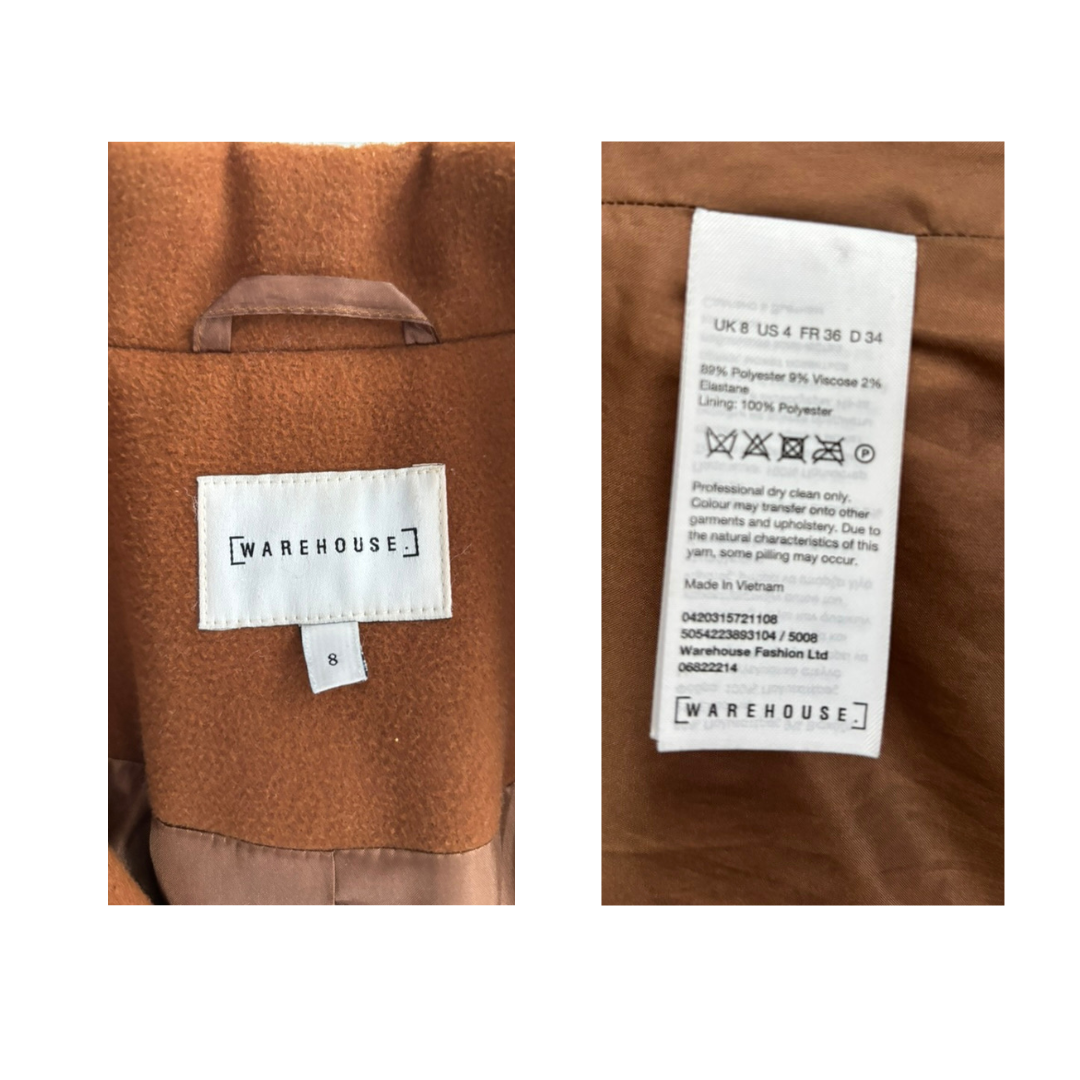 Brown fabric with 'Warehouse' label and care instructions on a white background