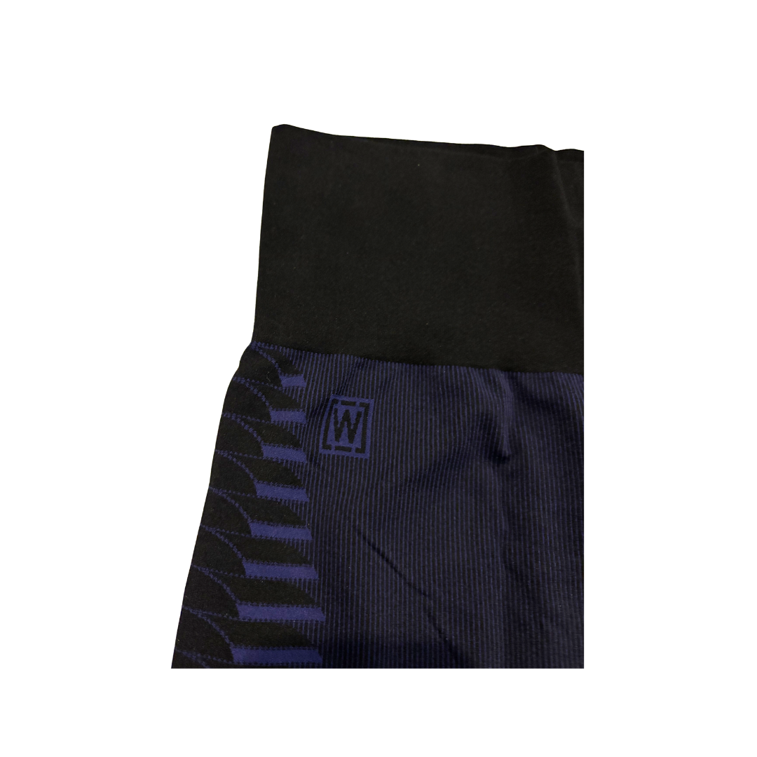 Black and blue athletic sock with a logo on a white background