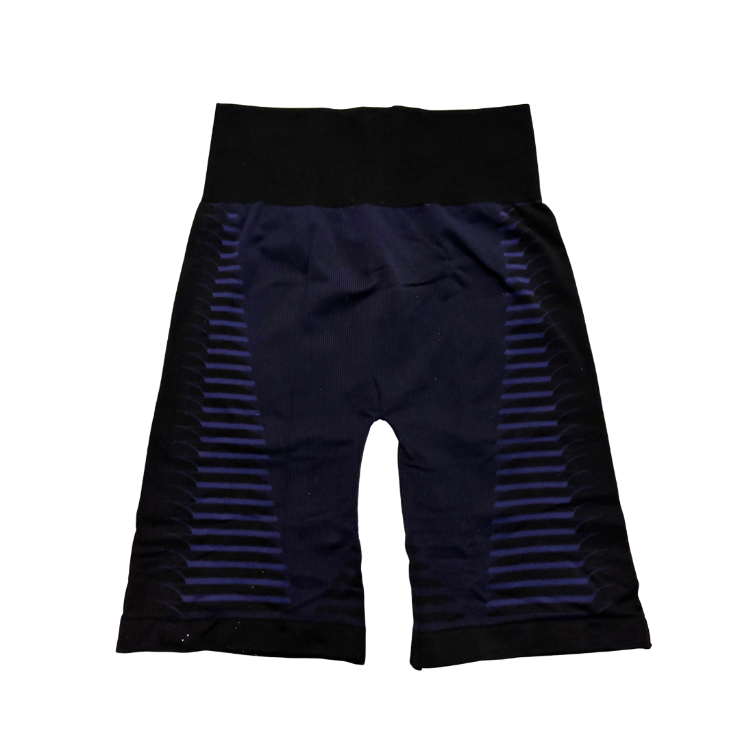 Black shorts with blue stripes on a white background