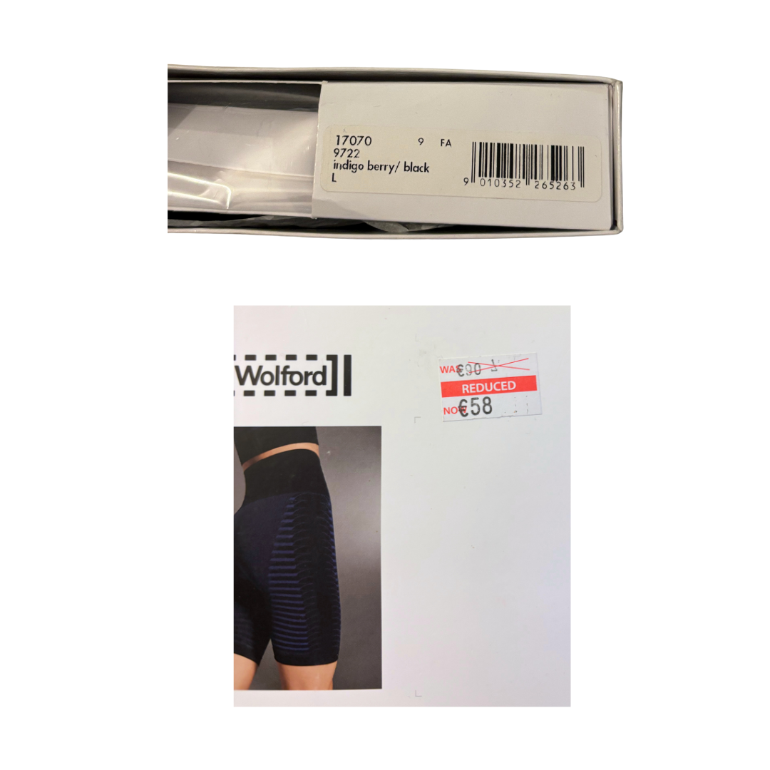 Wolford packaging with a black garment on a white background