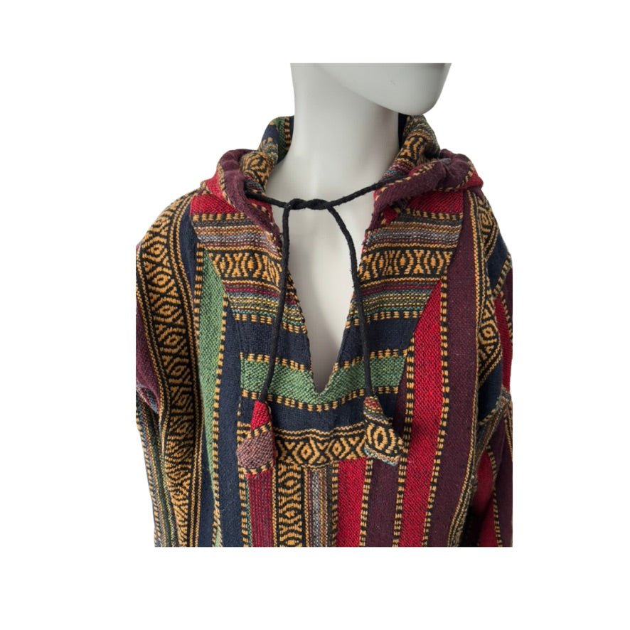 Multicolored patterned hoodie on a mannequin against a white background