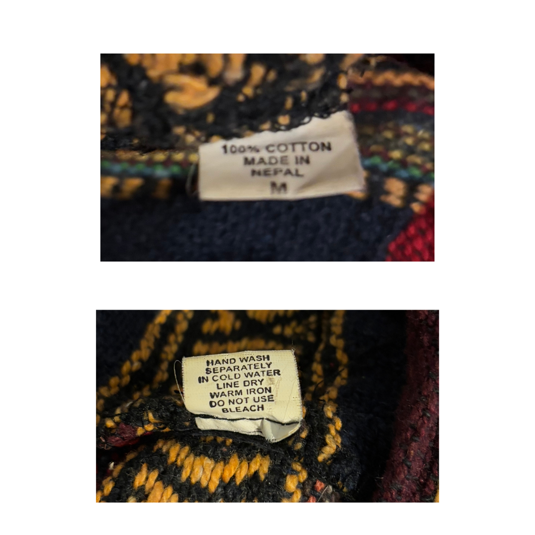 Multicolored fabric with a label indicating '100% Cotton Made in Nepal' and washing instructions.