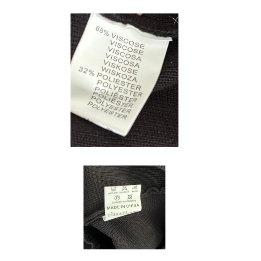 Clothing labels with fabric composition and origin information on a white background