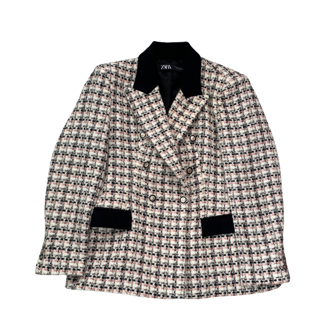 Zara checked tweed double-breasted jacket in cream, black, and blush pink with black velvet lapels and pocket flaps.