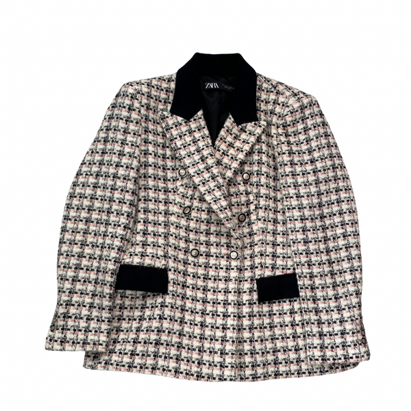Zara checked tweed double-breasted jacket in cream, black, and blush pink with black velvet lapels and pocket flaps.