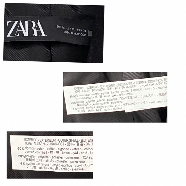 Zara label on a product with text and branding details.