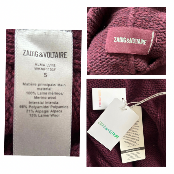Collage of Zadig & Voltaire labels on a burgundy fabric on white background