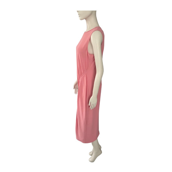 Mannequin wearing a pink sleeveless dress on a white background