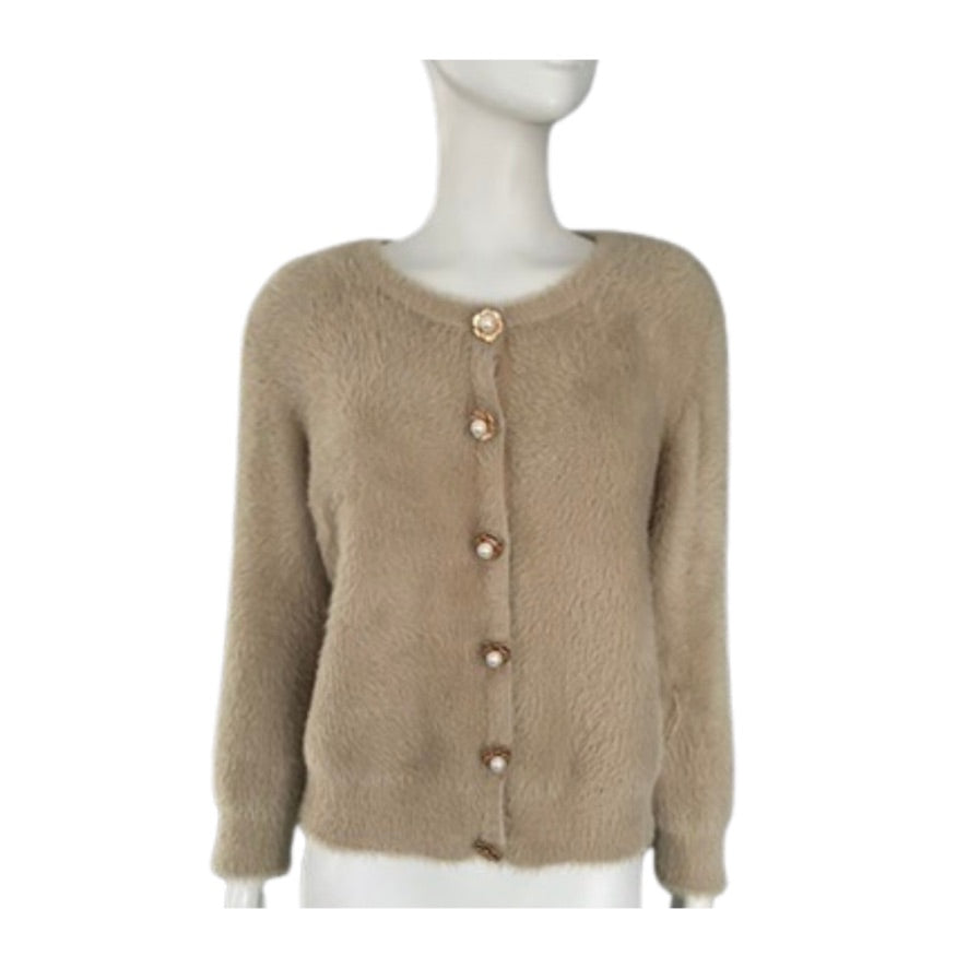 Beige cardigan on a mannequin against a white background