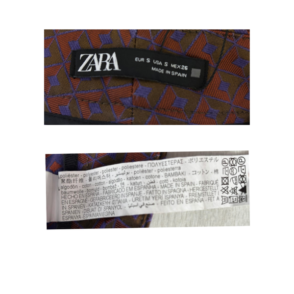 Zara label on a patterned fabric background