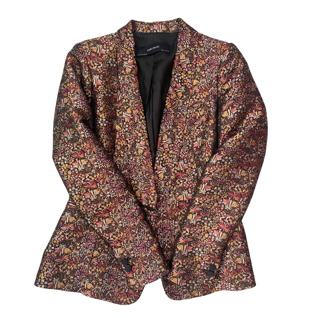 Zara Basic metallic floral brocade blazer and trousers co-ord set, size M, in rich burgundy and gold hues, laid flat.
