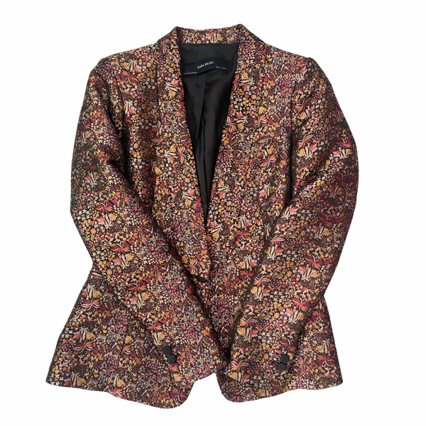 Zara Basic metallic floral brocade blazer and trousers co-ord set, size M, in rich burgundy and gold hues, laid flat.