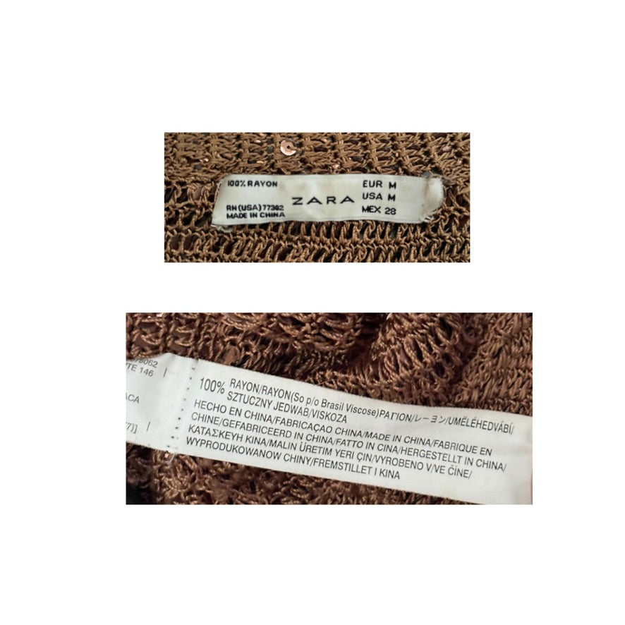 Close-up of Zara label on a brown textured fabric