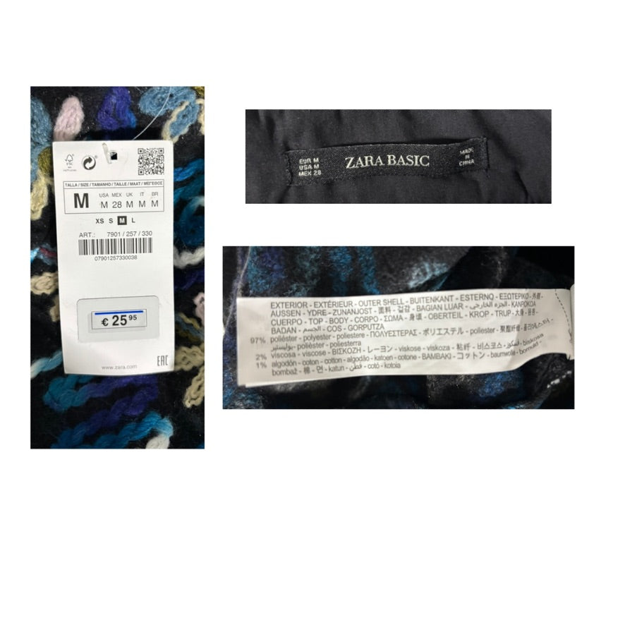 Close-up of Zara Basic clothing labels on a garment with a white background.