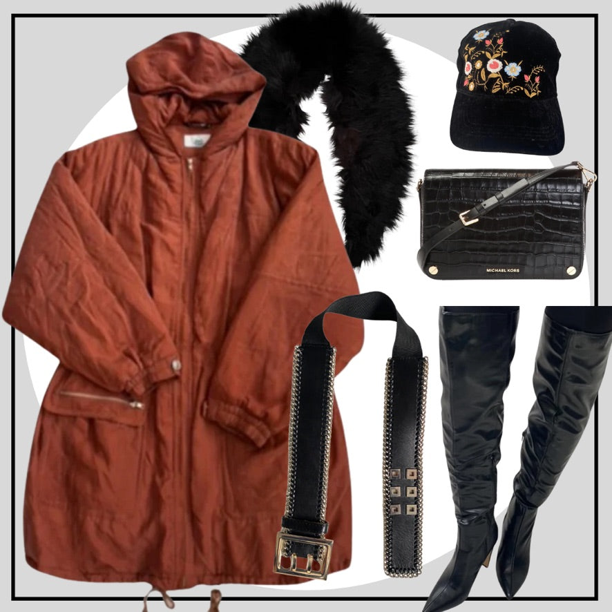 Collection of fashion items including a rust-colored coat, black boots, belt, handbag, and floral cap on a light gray background.