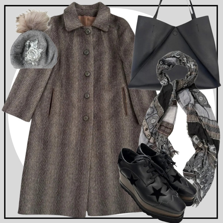 Brown coat, grey beanie with pom-pom, black tote bag, patterned scarf, and black shoes on a light gray background