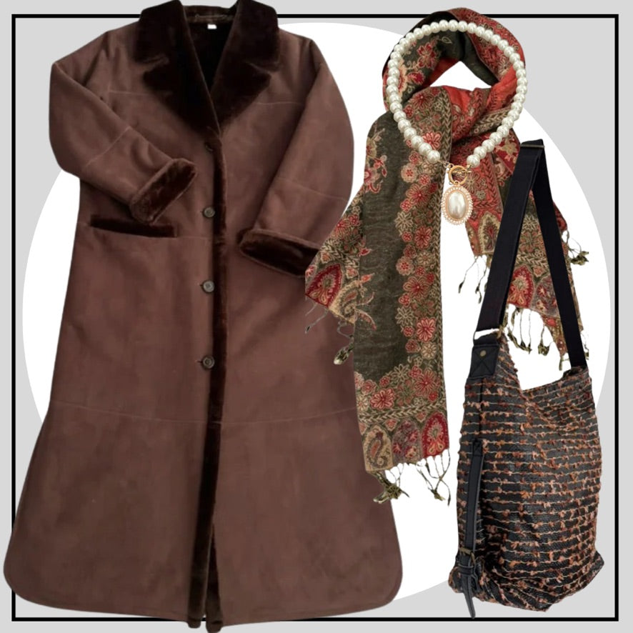 Brown coat, patterned scarf, and textured bag on a light gray background