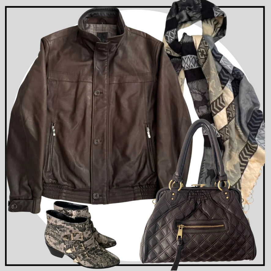 Brown jacket, quilted handbag, patterned scarf, and camouflage boots on a light gray background