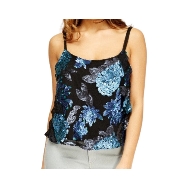 Sequins Floral String Cami Top Blue Black