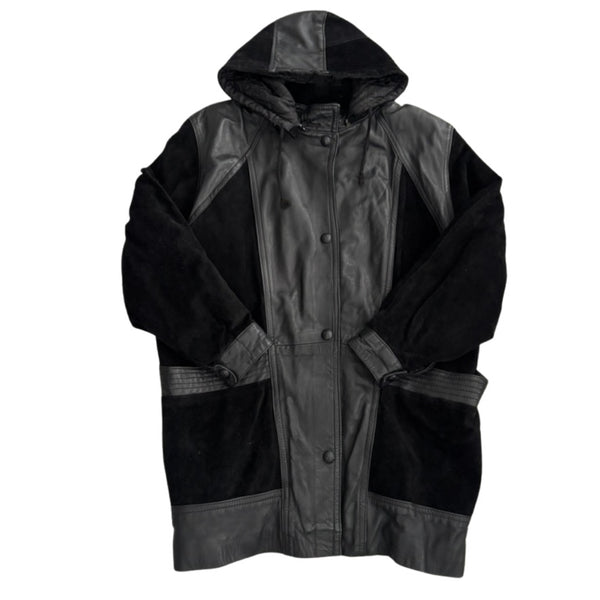 Contrast Panel Leather & Suede Hooded Coat Black Size L - Vintage