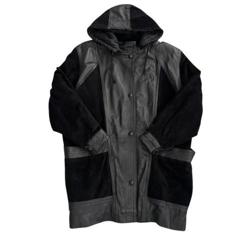 Contrast Panel Leather & Suede Hooded Coat Black Size L - Vintage