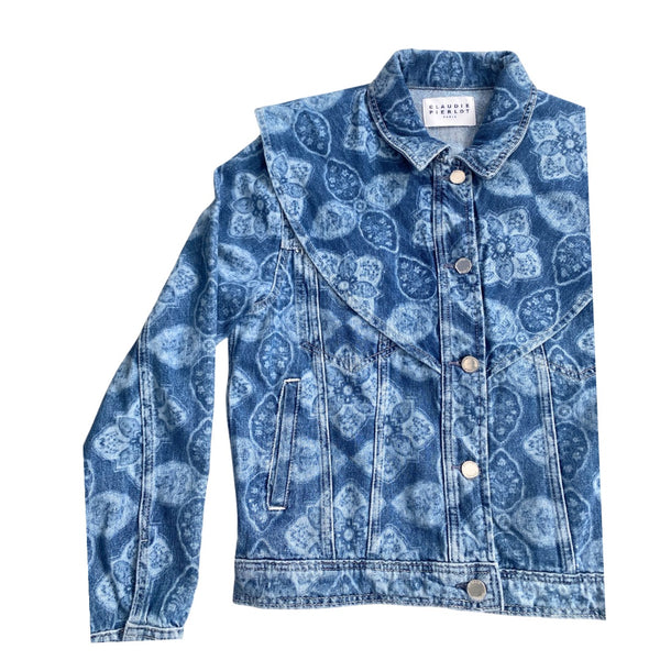 CLAUDIE PIERLOT Voyage Printed Denim Jacket Blue SIZE 14