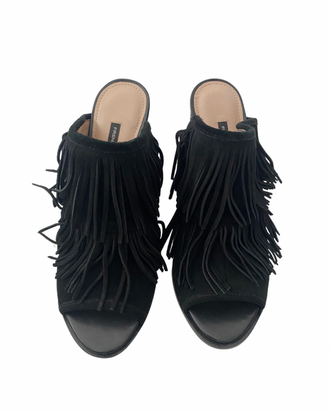 French Connection Suede Fringe Mules Black SIZE 40