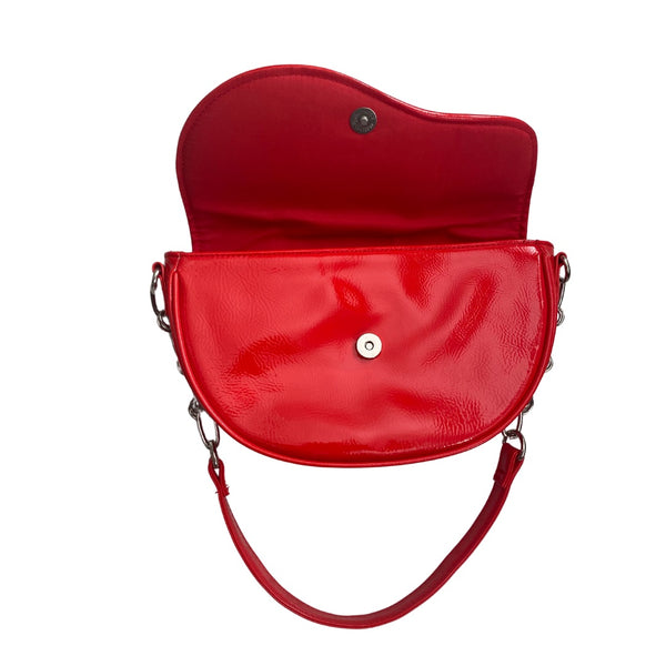 Half Moon Chain Shoulder Bag Patent Red