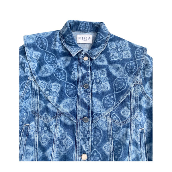 CLAUDIE PIERLOT Voyage Printed Denim Jacket Blue SIZE 14