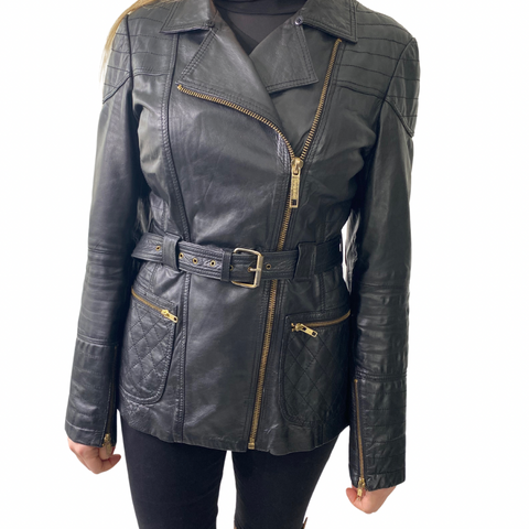 River Island Leather Midi Biker Jacket Black SIZE 12 - Preloved