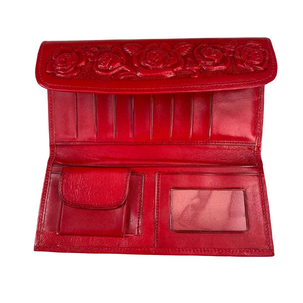 Embossed Floral Leather Trifold Wallet Purse Red