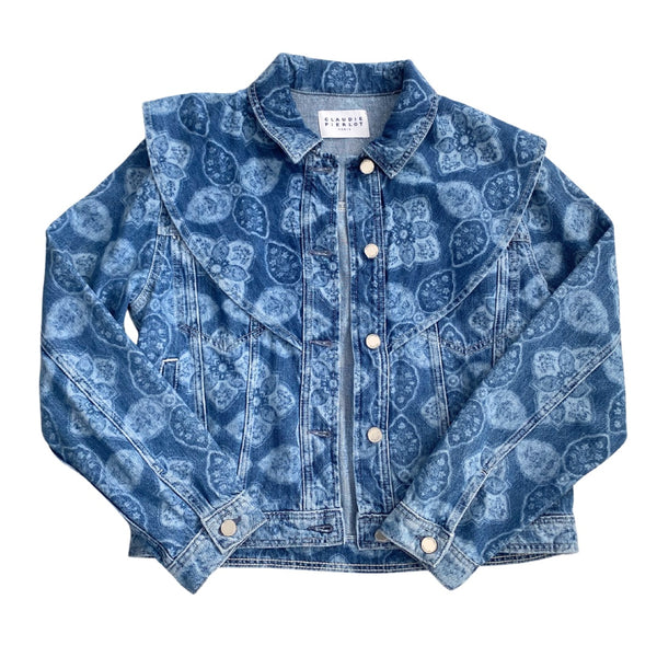 CLAUDIE PIERLOT Voyage Printed Denim Jacket Blue SIZE 14