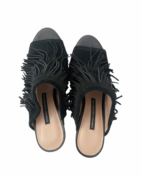 French Connection Suede Fringe Mules Black SIZE 40