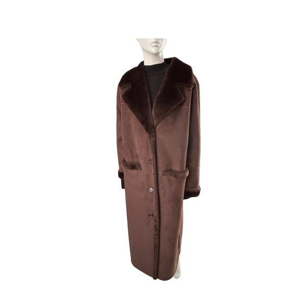 Faux Sheepskin Long Coat Brown Size 14 - New