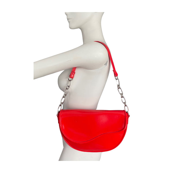 Half Moon Chain Shoulder Bag Patent Red