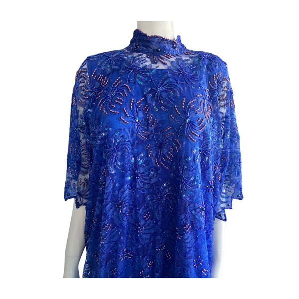 Judith Ann Beaded Dress 80s Vintage Blue