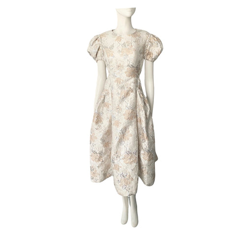 DREAM SISTER JANE Jacquard Puff Sleeve Midi Dress Champagne SIZE 10