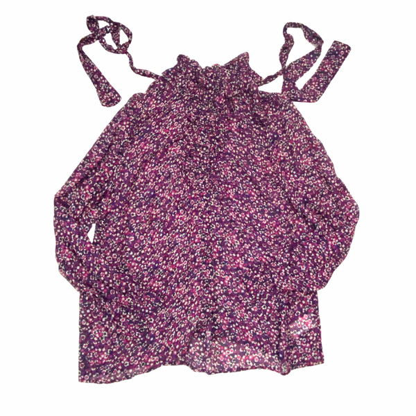 MICHAEL KORS Purple Chiffon Floral Ruffle Tie Neck Blouse Size L – New