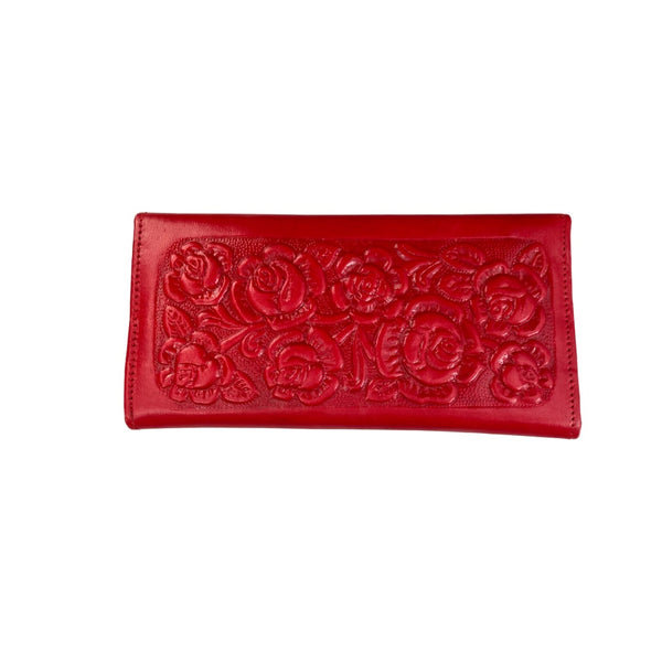 Embossed Floral Leather Trifold Wallet Purse Red