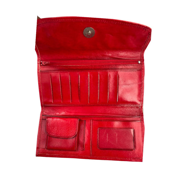 Embossed Floral Leather Trifold Wallet Purse Red