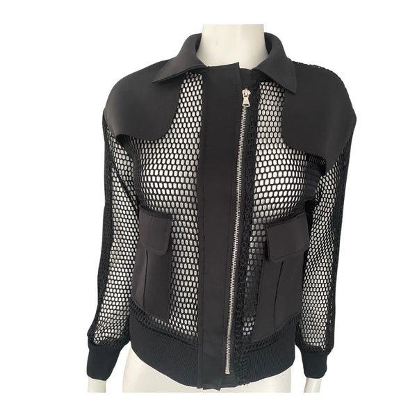 Structured Contrast Mesh Bomber Jacket Black SIZE M