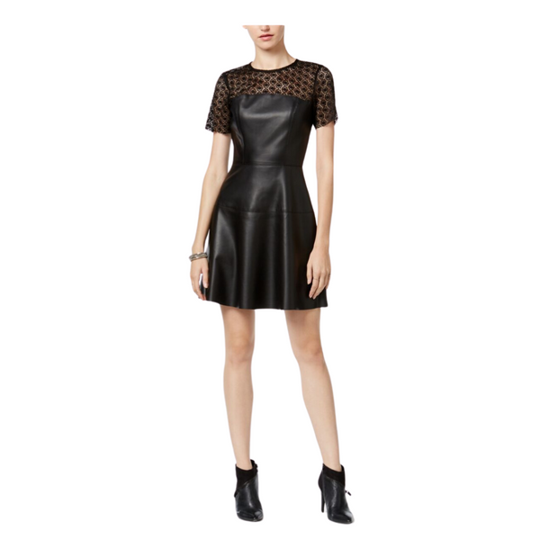 Zara Faux Leather Contrast Skater Dress Black SIZE L