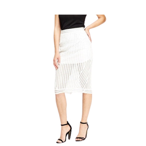 Contrast Mesh Ribbed Pencil Skirt White