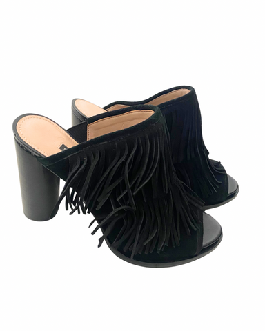 French Connection Suede Fringe Mules Black SIZE 40