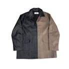 Two-tone jacket with black and brown sections on a white background