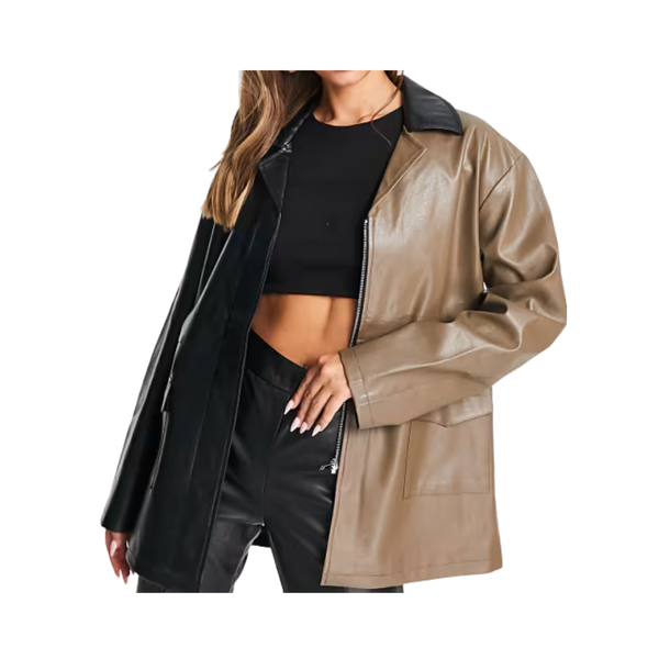 Person wearing a black and khaki leather jacket on a white background