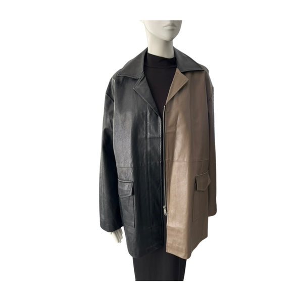 Two-tone leather jacket on a mannequin against a white background